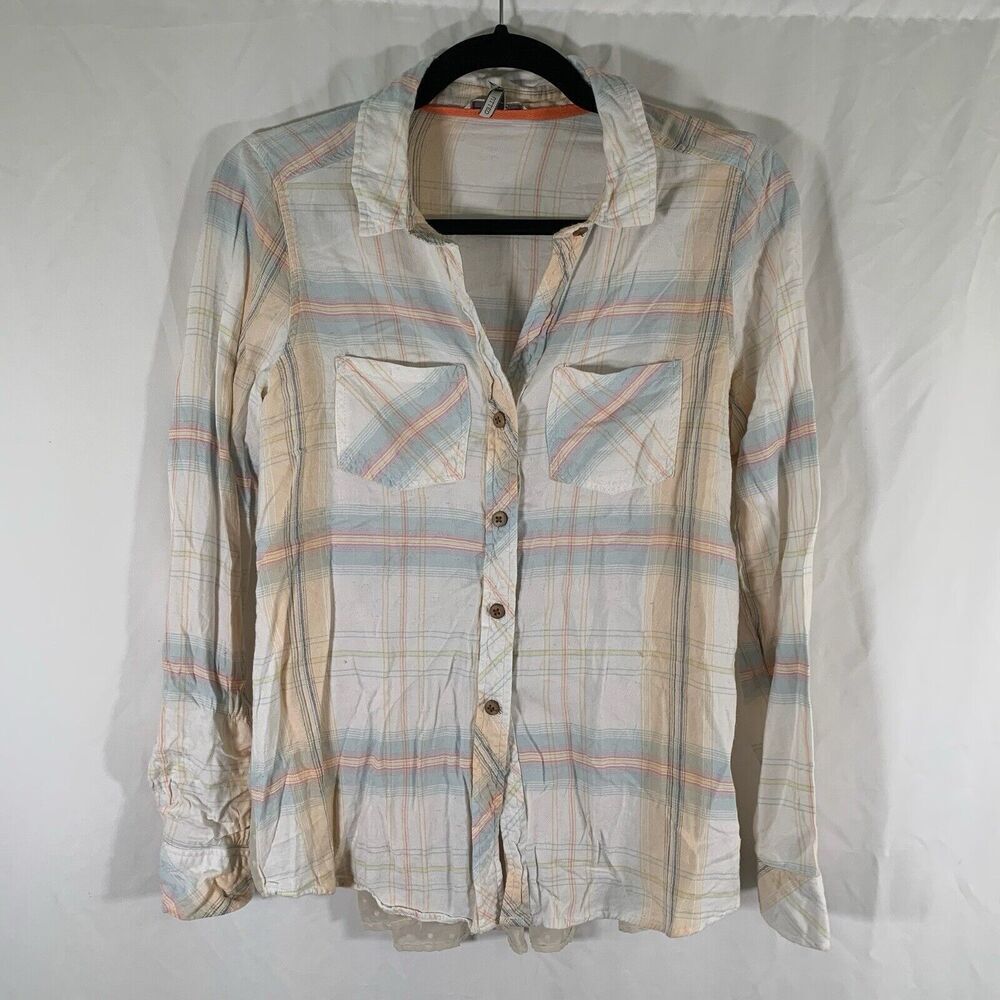 BKE Blouse Women's Small White Pink Button Up Long Sleeve Fitted Partial Sheer